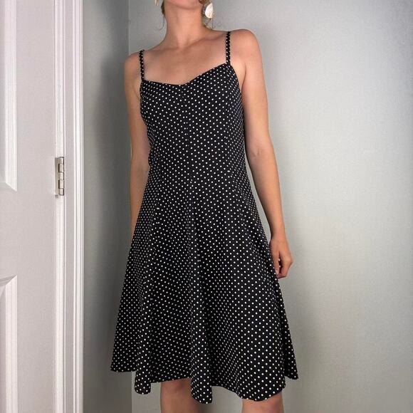 Black white polka dot midi dress vintage with spaghetti straps a-line - Picture 6 of 8